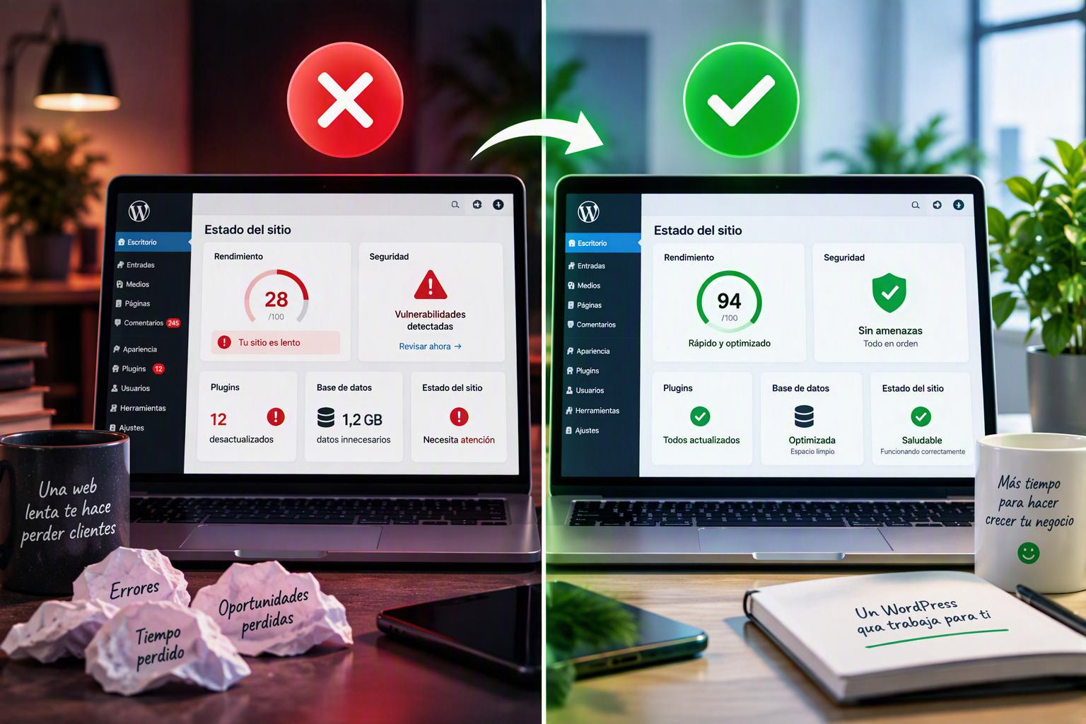 Comparación de un WordPress: a la izquierda puntaje 28, lento y con vulnerabilidades; a la derecha puntaje 94, rápido, sin amenazas y con plugins al día
