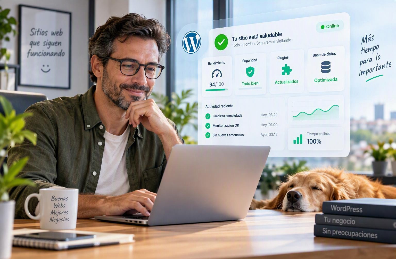 Dueño de un sitio frente a su computador, con el panel de CuidadoWeb: el sitio está saludable, 94 de 100, plugins al día y base de datos optimizada
