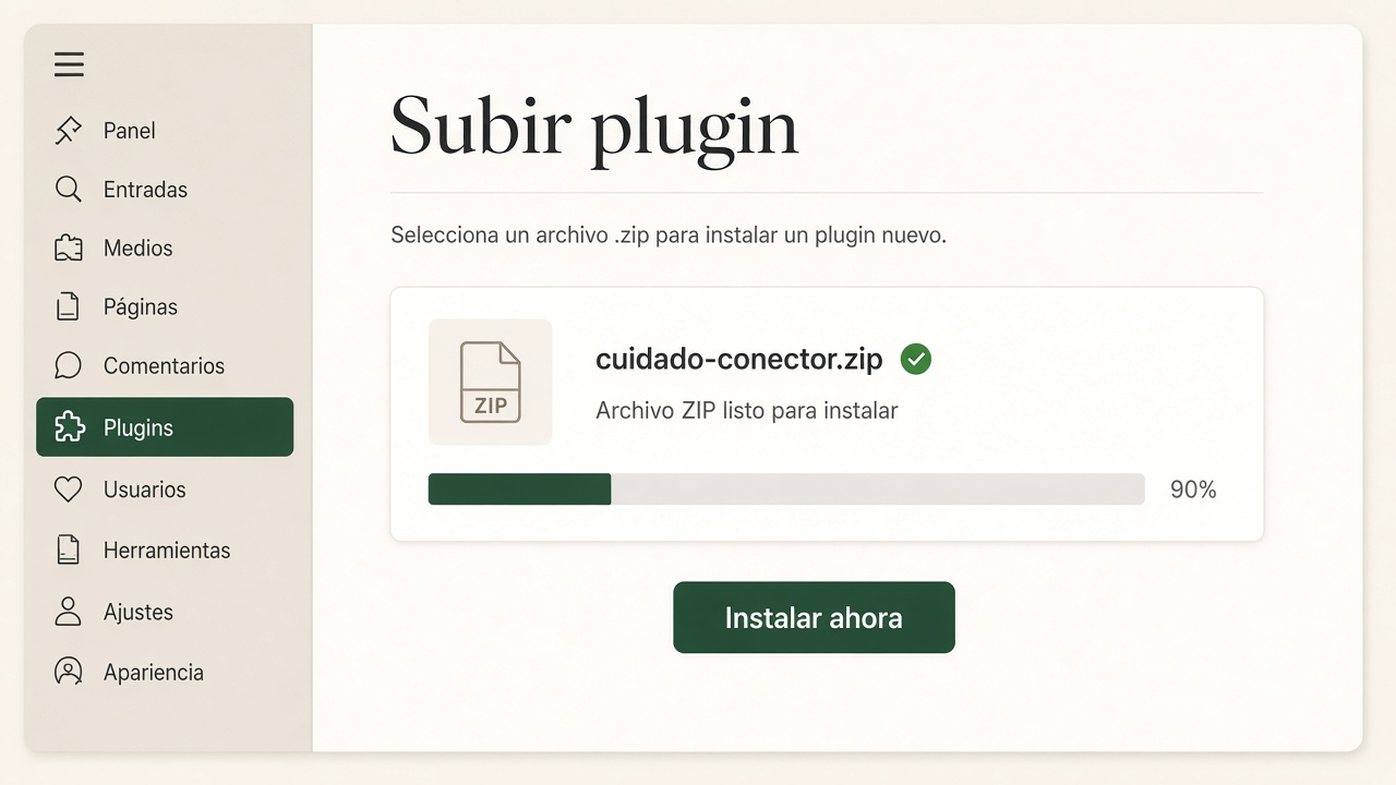 Pantalla de WordPress subiendo el archivo cuidado-conector.zip